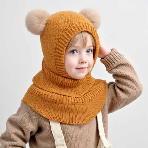 Gorro De Punto Cálido De Invierno Para Niños Lindo Doble Pom Pom Beanie Orejera Chal Jersey Gorra Para Niños Y Niñas Ropa Diaria