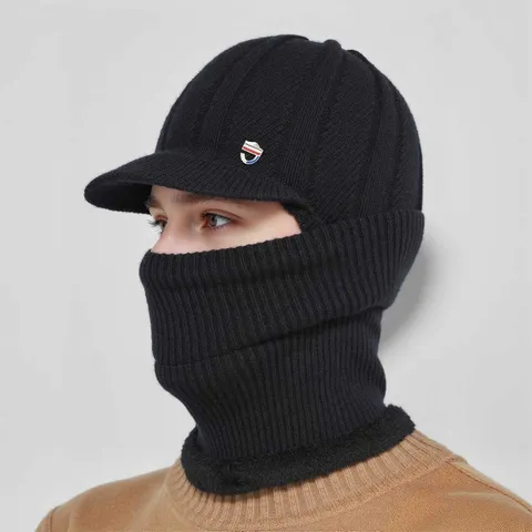 Men Winter Warm Knit Beanie Hat With Ear Flaps Windproof Face Mask And Neck Warmer Acrylic Thickened Thermal Ski Cap