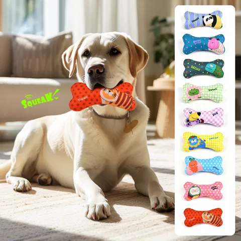 Cute Cartoon Animal Bone Chew Toy For Dogs Plush Squeaky Teething Toy Pet Interactive Play Companion