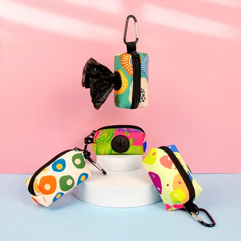 Portable Pet Poop Bag Dispenser Floral Print Dog Waste Bag Holder with Metal Carabiner and Rubber Dispensing Hole