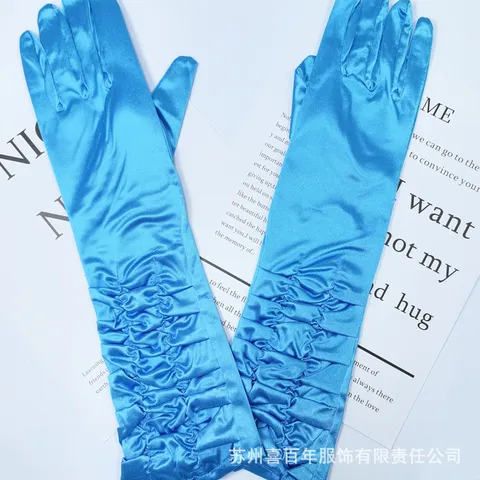 Women Long Satin Gloves Pleated Full Finger Ceremonial Gloves For Bridal Wedding Dress Evening Party Operas Prom Gloves