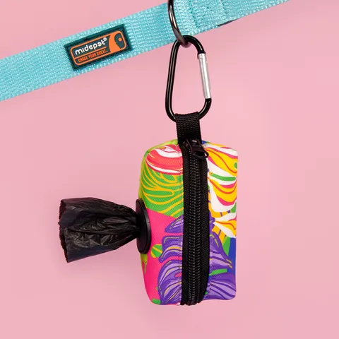 Portable Pet Poop Bag Dispenser Floral Print Dog Waste Bag Holder with Metal Carabiner and Rubber Dispensing Hole