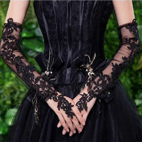 Guanti Lunghi Trasparenti in Pizzo e Rete con Anello per Dito Guanti da Sposa per Festa di Opera da Donna Guanti da Costume Eleganti