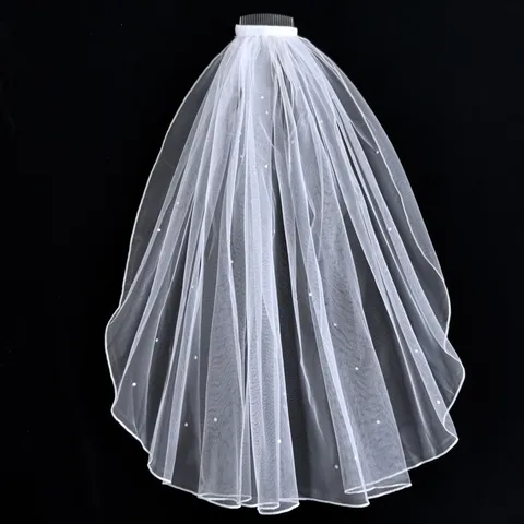 Velo De Novia Corto Velo Blanco De Doble Capa Con Perlas Y Diamantes De Imitacion Velo De Tocado De Boda Para Mujeres Accesorios De Novia