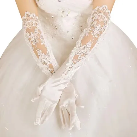 Long Lace Cutout Sequin Embroidery Wedding Gloves White Satin Bridal Evening Prom Hand Gloves Women Accessories