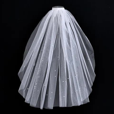 Velo De Novia Corto Velo Blanco De Doble Capa Con Perlas Y Diamantes De Imitacion Velo De Tocado De Boda Para Mujeres Accesorios De Novia