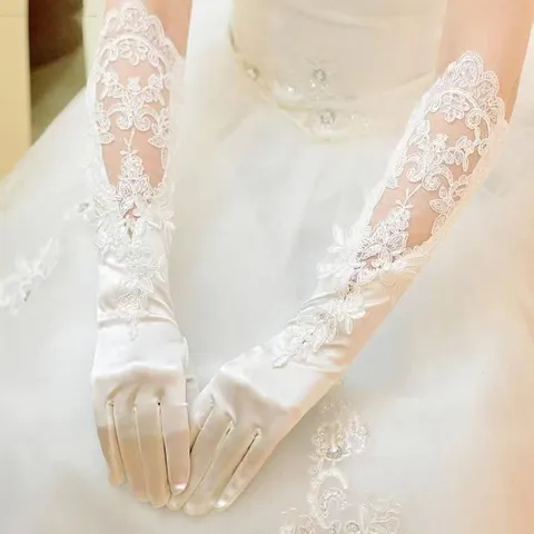 Long Lace Cutout Sequin Embroidery Wedding Gloves White Satin Bridal Evening Prom Hand Gloves Women Accessories