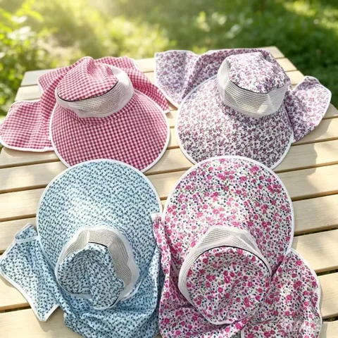 Damen Sommer Sonnenhut Breite Krempe UV Schutz Anti-UV Teepflücker Hut Blumen Karomuster Atmungsaktiv Outdoor Strandhut Polyester