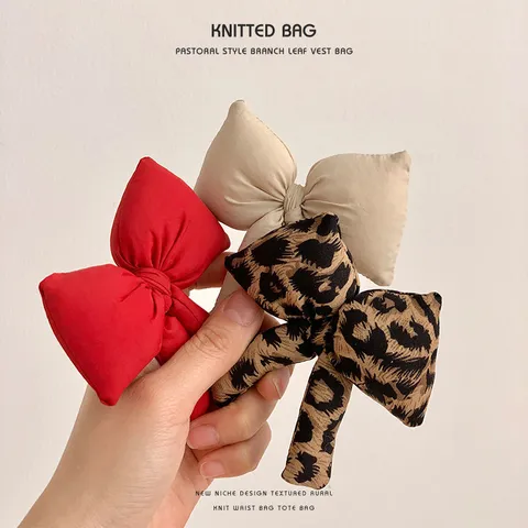 Leopard Print Bowknot Bag Charm Cute Retro Knitted Bow Brooch Pin Women Fashion Accessories Handbag Pendant