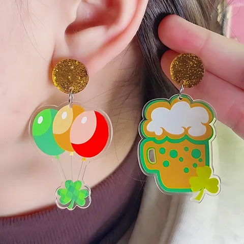 St Patricks Day Acrylic Dangle Earrings Clover Beer Balloon Shamrock Green Hat Fashion Party Jewelry Gifts For Women