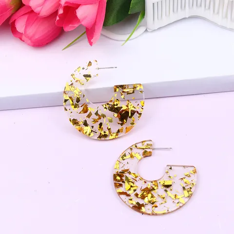 Minimalist C-Shaped Acrylic Gravel Glitter Geometric Stud Earrings Women Fashion Resin Earrings Jewelry Gift