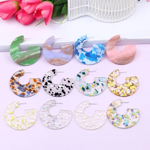 Minimalist C-Shaped Acrylic Gravel Glitter Geometric Stud Earrings Women Fashion Resin Earrings Jewelry Gift