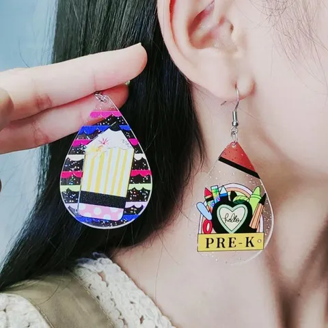 Back To School Teacher Theme Teardrop Acrylic Printed Earrings Cute Pencil Apple Rainbow Fashion Jewelry Gift For Women
