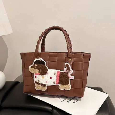 Woven PU Leather Handbag Cute Animal Plush Patchwork Top Handle Tote Bag For Women