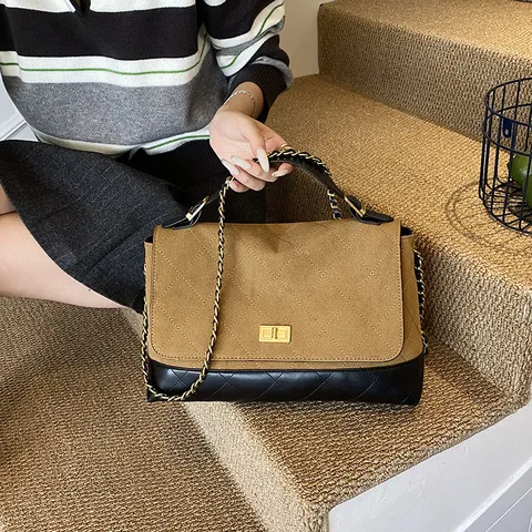 Women Fashion Quilted Chain Crossbody Bag PU Leather Patchwork Flap Shoulder Tote Handbag Elegant Commuter Bag