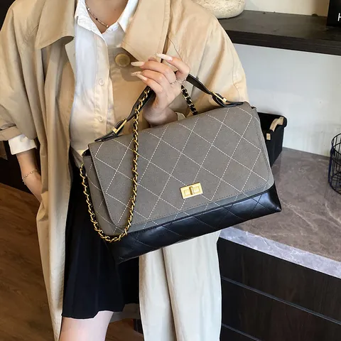 Women Fashion Quilted Chain Crossbody Bag PU Leather Patchwork Flap Shoulder Tote Handbag Elegant Commuter Bag