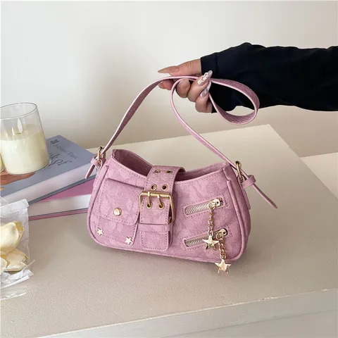 Women Y2K Sweet Cool Motorcycle Shoulder Bag PU Leather Trendy Star Pendant Crossbody Bag Retro Chic Underarm Handbag