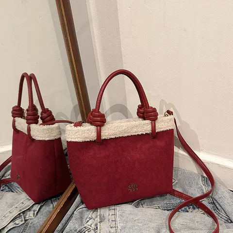 Women Suede Bucket Bag Autumn Winter Lamb Wool Splicing Handbag Casual Crossbody Shoulder Bag With Pendant