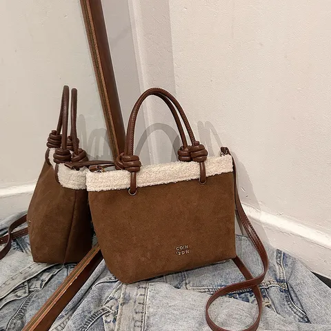 Women Suede Bucket Bag Autumn Winter Lamb Wool Splicing Handbag Casual Crossbody Shoulder Bag With Pendant