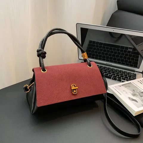 Damen Mode Retro Wildleder Splicing Kleine Quadratische Tasche Luxus Designer Griff Top Umhängetasche Handtasche Mit Metallschloss