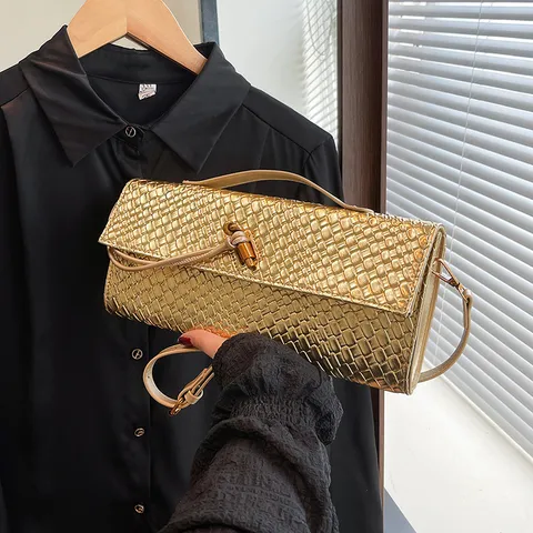Women Woven Shoulder Bag PU Leather Luxury Designer Baguette Bag Elegant Crossbody Evening Handbag For Ladies