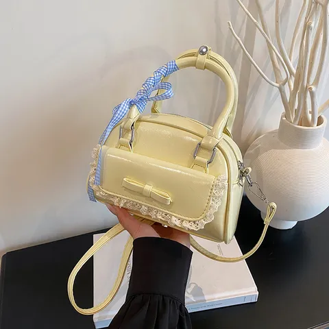 Women's PU Leather Tote Bag Minimalist Korean Style Casual Handbag Sweet Bow Lace Shoulder Crossbody Bag