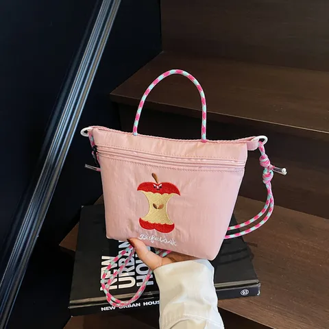 Japanese Cute Cartoon Apple Embroidery Nylon Crossbody Bag Casual Small Shoulder Bag Daily Handbag For Women