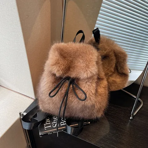 Women Fashion Plush Casual Backpack Winter Soft Faux Fur Travel Daypack Cute School Bookbag Fluffy Rucksack