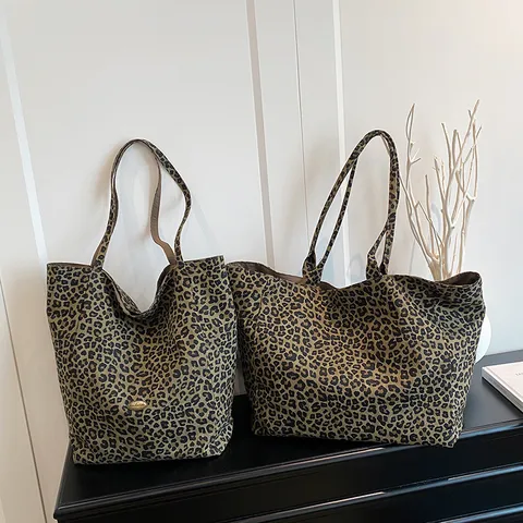 Women's Leopard Print Canvas Tote Bag Casual Large Capacity Double-Sided Shoulder Bag Fashion Commuter Handbag