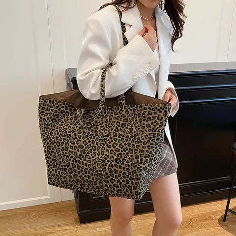 Women's Leopard Print Canvas Tote Bag Casual Large Capacity Double-Sided Shoulder Bag Fashion Commuter Handbag