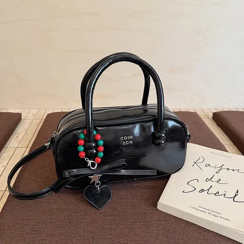 Women Vintage Patent Leather Bowling Bag Top Handle Satchel Purse Cute Bow Beaded Charm Crossbody Shoulder Bag