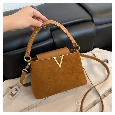 Women Suede Crossbody Shoulder Bag Vintage Casual Commuter Handbag Chic Metal Lock Bag
