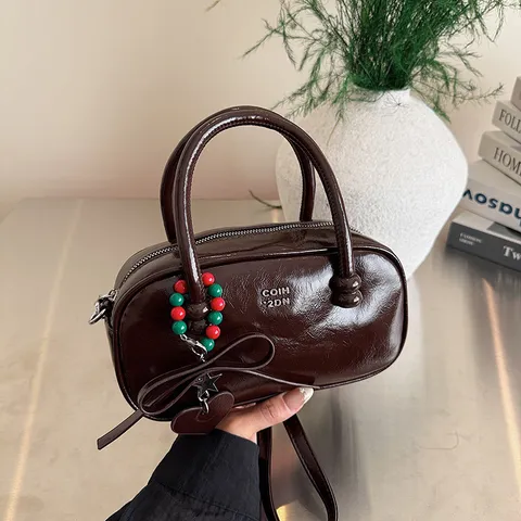 Women Vintage Patent Leather Bowling Bag Top Handle Satchel Purse Cute Bow Beaded Charm Crossbody Shoulder Bag
