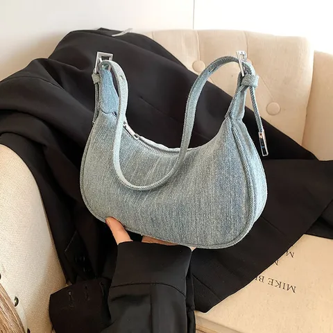 Women Denim Underarm Bag Vintage Washed Hobo Shoulder Bag Casual Daily Crescent Dumpling Bag Fashion Handbag