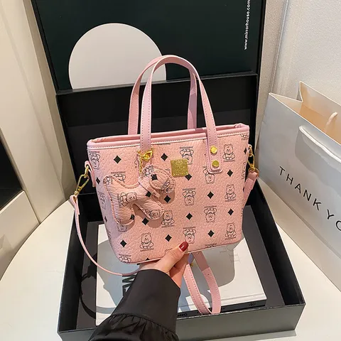 Women PU Leather Bucket Bag Fashion Cute Bear Print Handbag Crossbody Shoulder Bag Casual Daily Purse With Top Handle
