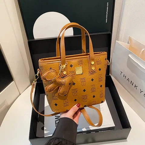 Women PU Leather Bucket Bag Fashion Cute Bear Print Handbag Crossbody Shoulder Bag Casual Daily Purse With Top Handle