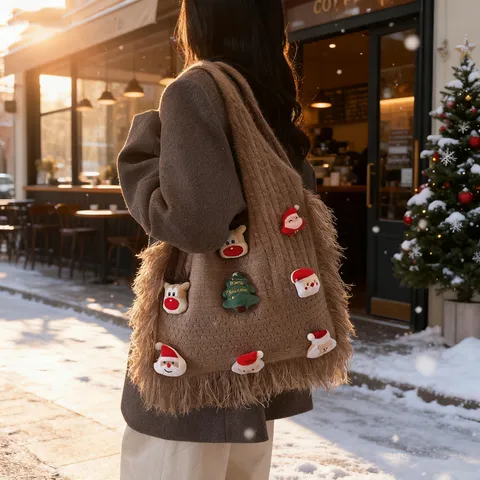 Christmas Knit Tote Bag For Women Large Capacity Casual Shoulder Bag Plush Santa Claus Print Winter Shopping Handbag