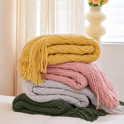 Nordic Style Knitted Acrylic Throw Blanket Tassels Geometric Fringe Bedside Sofa Blanket Cozy Home Decor Warm Nap Blanket