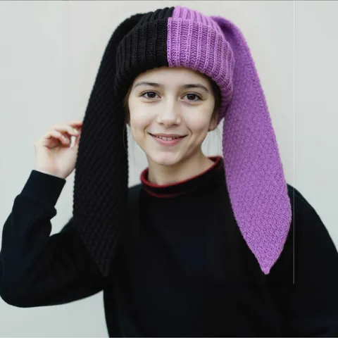 Mujer Invierno Cálido Sombrero de Punto Gorro Lindo Dibujos Animados Oreja de Conejo Larga Bloque de Color Espesado A prueba de Viento Sombrero Holgado