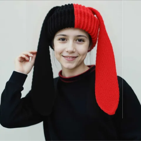 Mujer Invierno Cálido Sombrero de Punto Gorro Lindo Dibujos Animados Oreja de Conejo Larga Bloque de Color Espesado A prueba de Viento Sombrero Holgado
