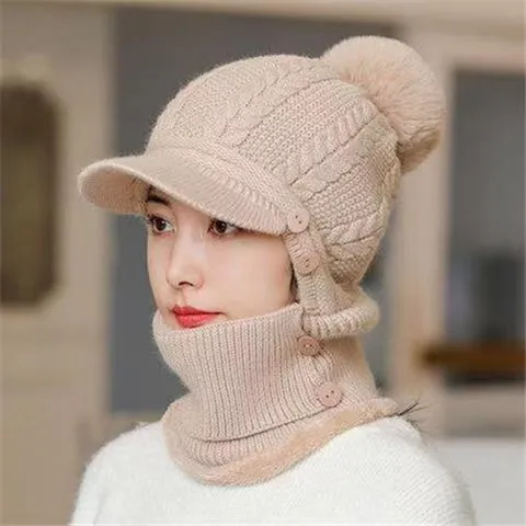 Gorro de Punto Cálido de Invierno Con Calentador de Cuello Visera Cortavientos Pompón Forro Polar Gorro de Esquí Mujer