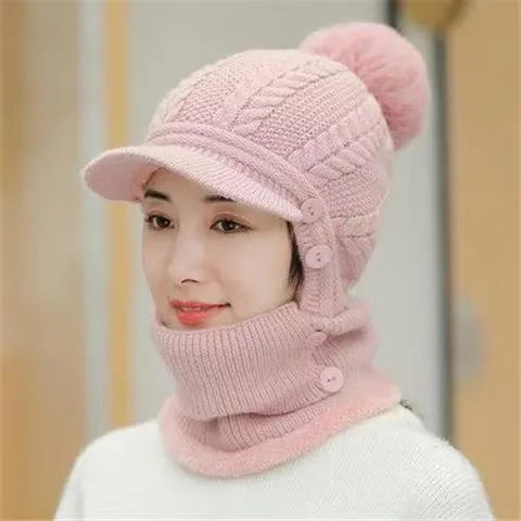 Gorro de Punto Cálido de Invierno Con Calentador de Cuello Visera Cortavientos Pompón Forro Polar Gorro de Esquí Mujer
