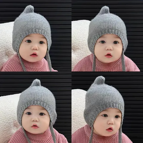 Bébé Chaud Bonnet Tricoté Mignon Dessus Pointu Coupe-vent Nouveau-né Chapeau Couleur Unie Thermique Pour Automne Hiver