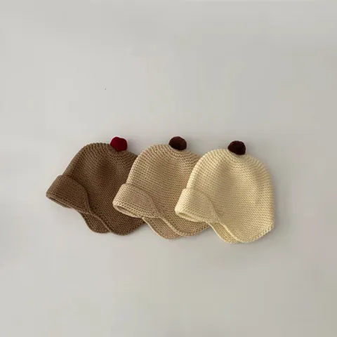 Niño Lindo Cálido Color Sólido Orejeras Pom-Pom Gorro de Punto Bebé Acrílico Gorro