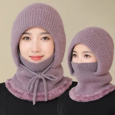 Mujer Invierno Grueso Tejido Caliente Sombrero Bufanda Máscara Integrada A Prueba de Viento Ciclismo Gorro