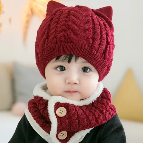 Bebé Invierno Cálido Gorro de Punto Y Bufanda Conjunto Lindo Oreja de Gato Forro de Peluche Espesado Gorro de Niño Equipo de Clima Frío