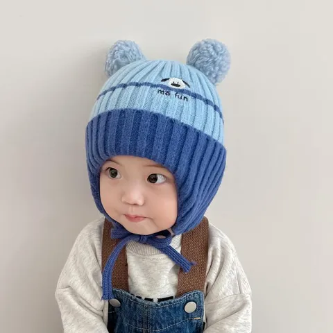 Gorro de Punto Cálido de Invierno para Niños Lindo Orejas de Oso Pom Pom Beanie Gorro de Protección para los Oídos para Bebés Niños Niñas