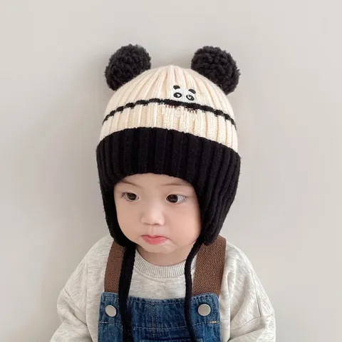 Gorro de Punto Cálido de Invierno para Niños Lindo Orejas de Oso Pom Pom Beanie Gorro de Protección para los Oídos para Bebés Niños Niñas