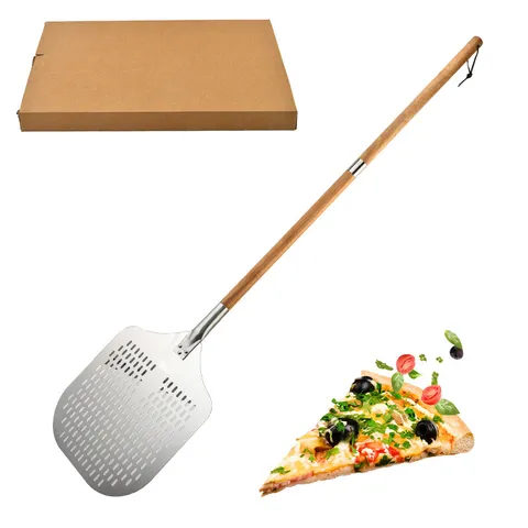 Aluminum Alloy Pizza Peel Perforated Metal Pizza Shovel With Detachable Long Wood Handle For Home Commercial Baking