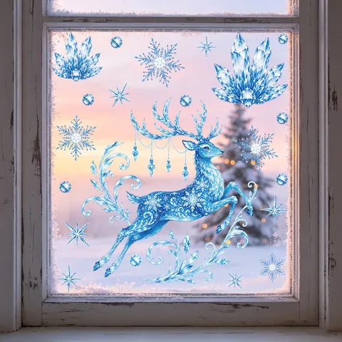 Christmas Window Static Sticker Winter Snow Flake Blue Deer Glass Decal Holiday Party Home Mall Decor